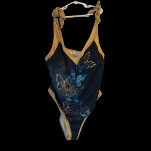“Tropical Heat” Gold/Blue Butterflies One Piece Swimsuit and Sarong Plus Size 2X